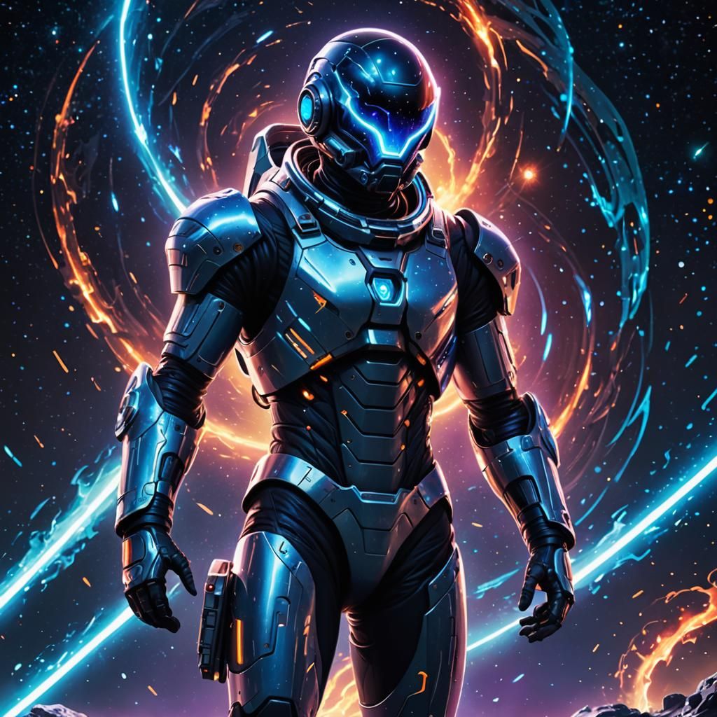 Sci-Fi Character in Space with Neon Weapon