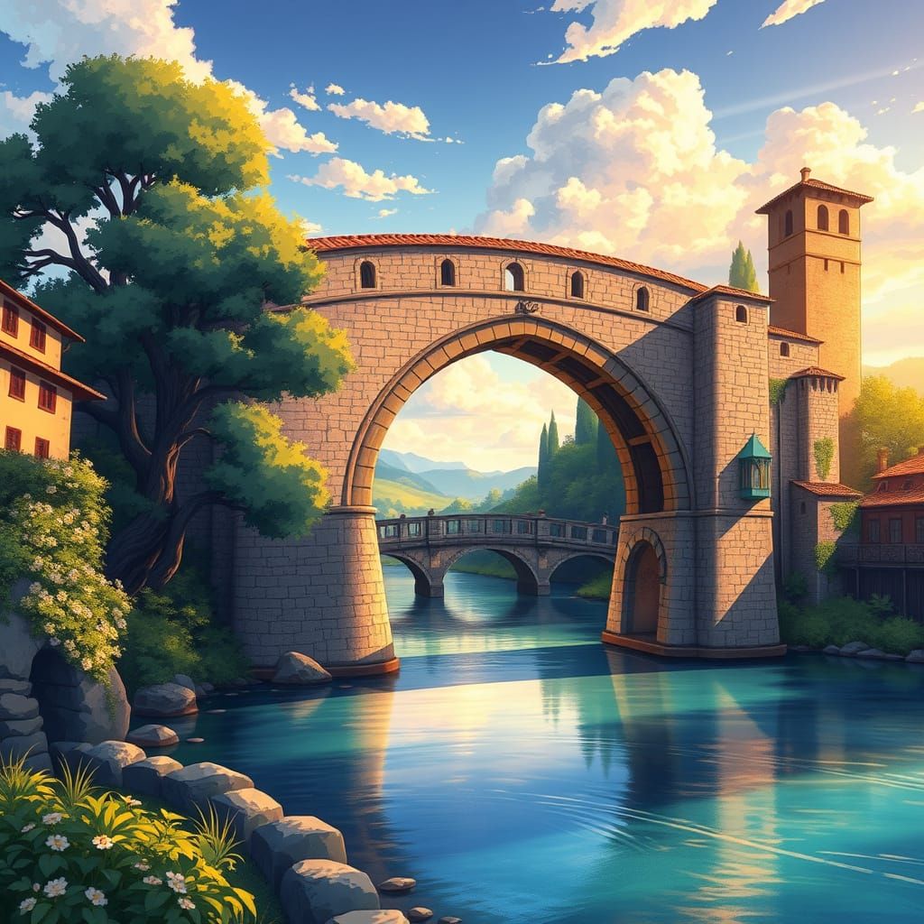 Medieval Bridge in Vibrant Anime Style, Borgo a Mozzano