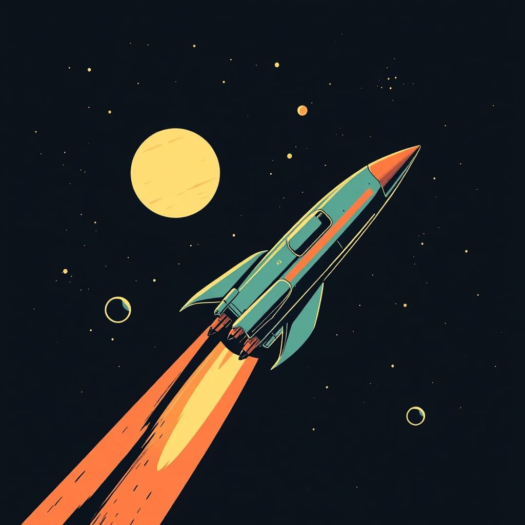 Retro-Futuristic Rocket Ship Illustration in Space