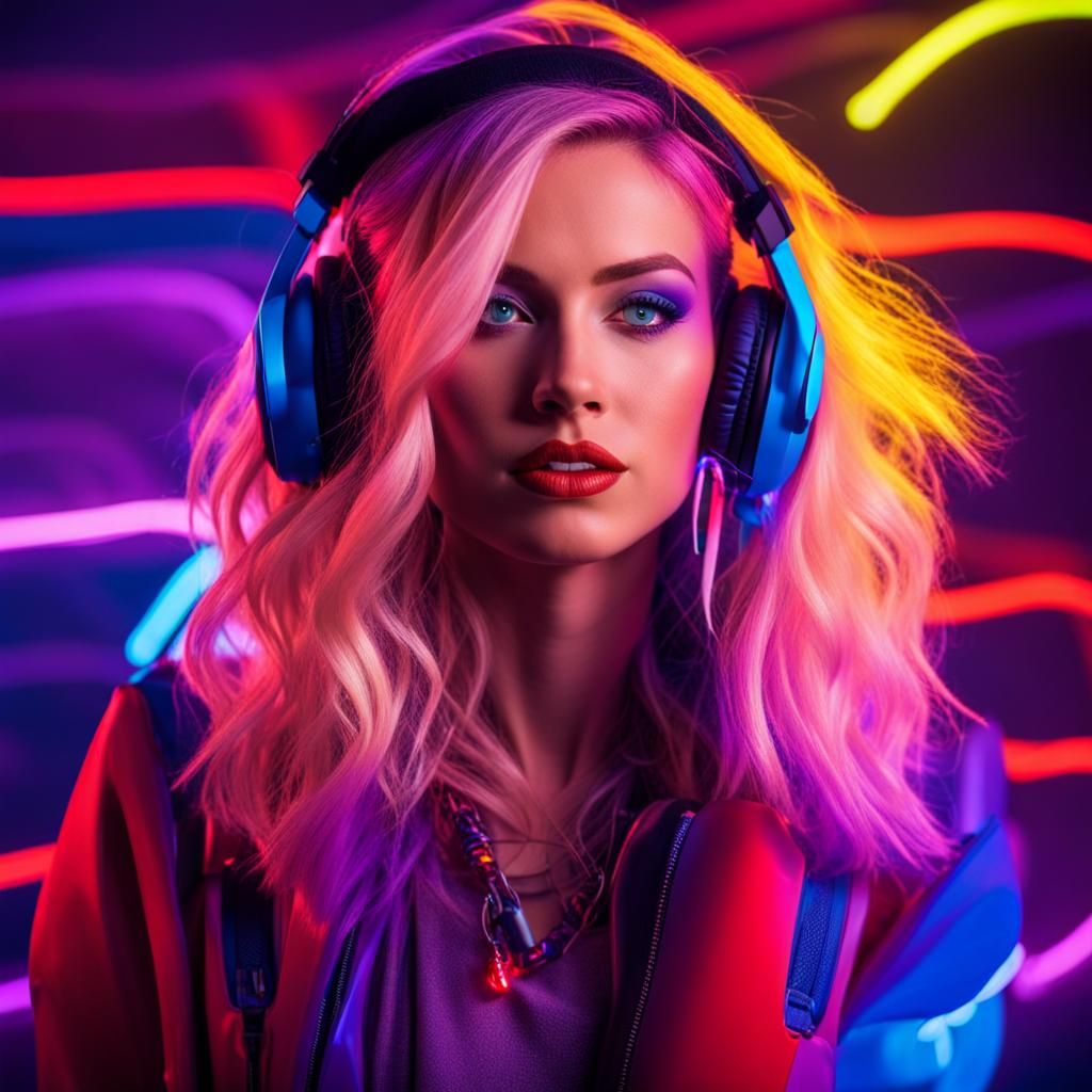 Blonde Woman Enjoying Music With Neon Cityscape