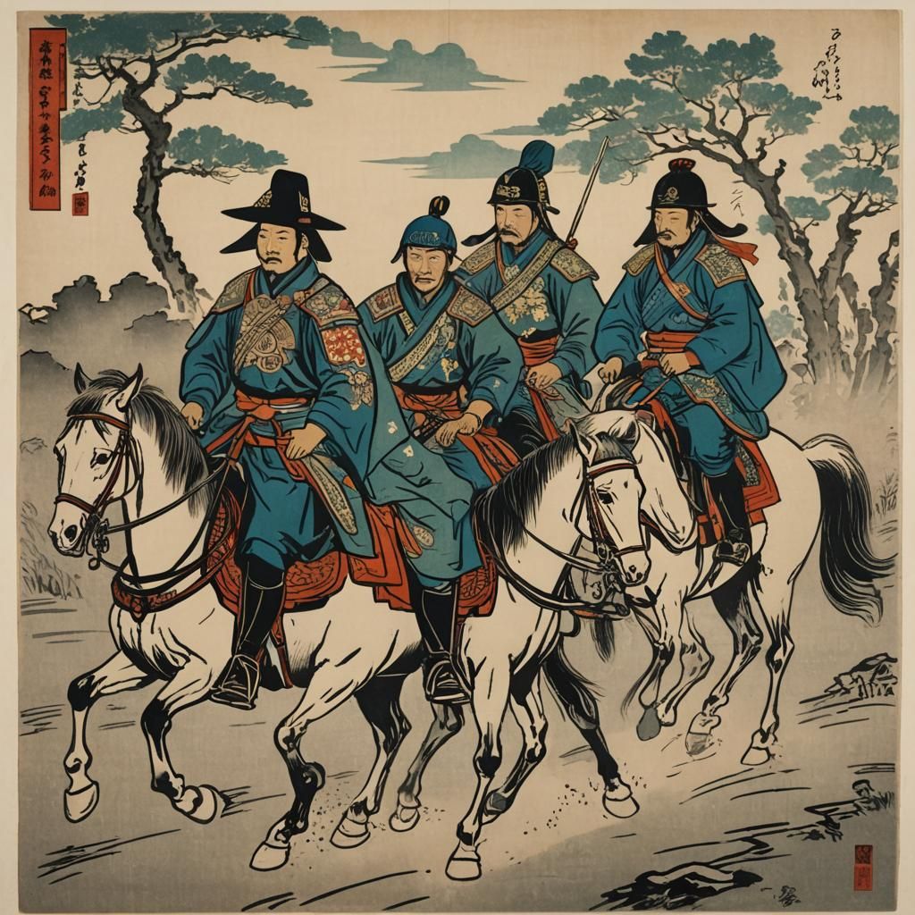 Russian Heroes on Horseback: Japanese Woodblock Print
