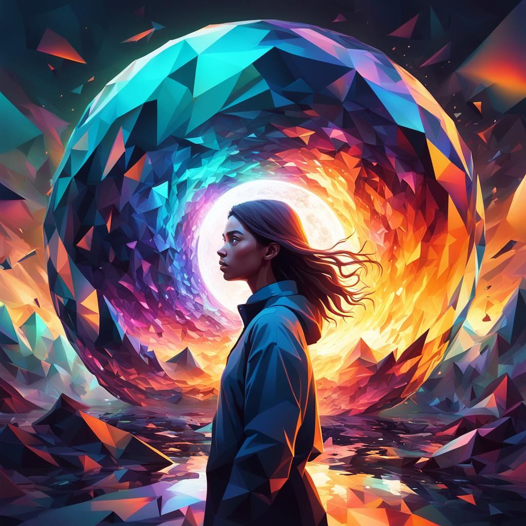 Mystical Orb: Low-Poly Girl in Stormy Landscape