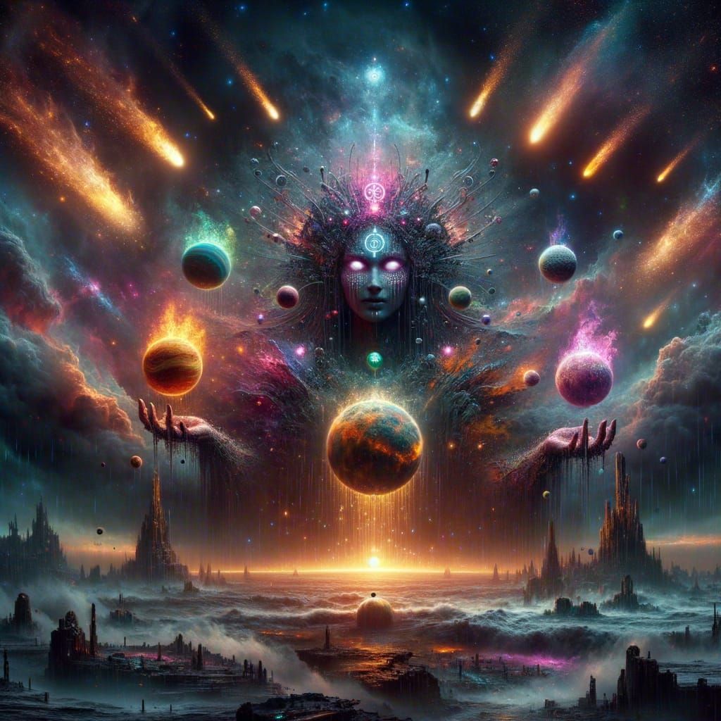 Cosmic Goddess Amidst Nebulae and Meteor Showers in Cyberpun...