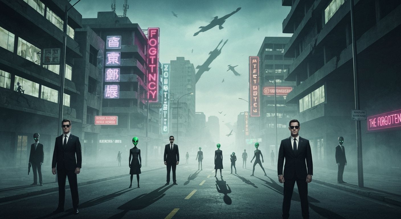Men in Black Patrolling a Forgotten Neon City
