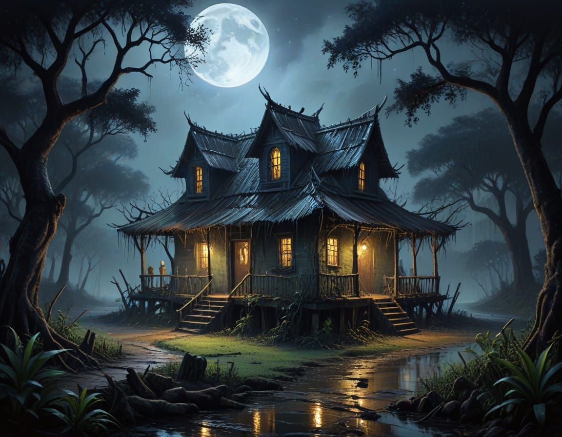 Creepy Voodoo House in Misty Swamp Moonlight