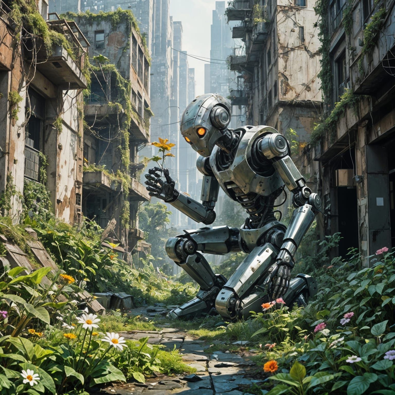 Robot in Overgrown Dystopian City as Matte Painting