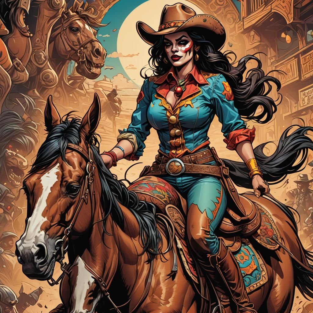 Comic Book Cowgirl Clown Illustration in Vibrant Colors