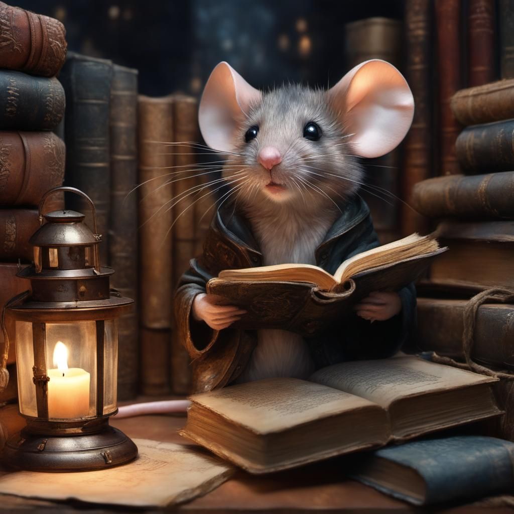 Mouse in Leather Book House: Digital Art