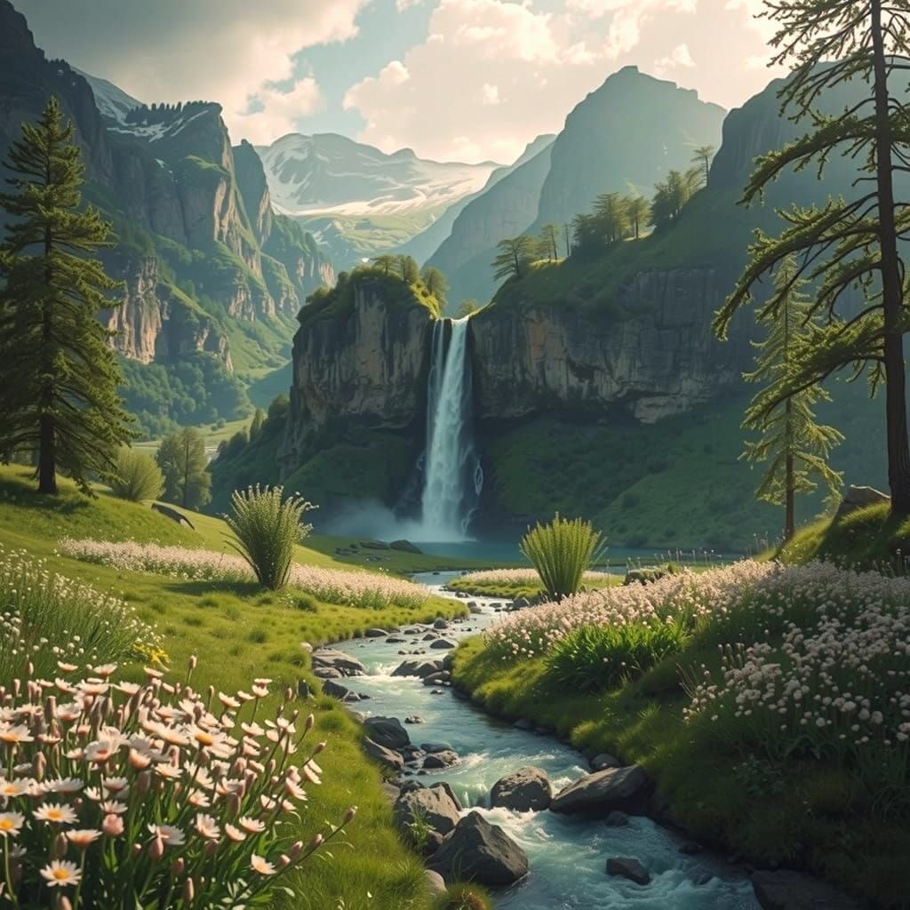 Surreal Landscape with Vibrant Flowers and Cinematic Lightin...