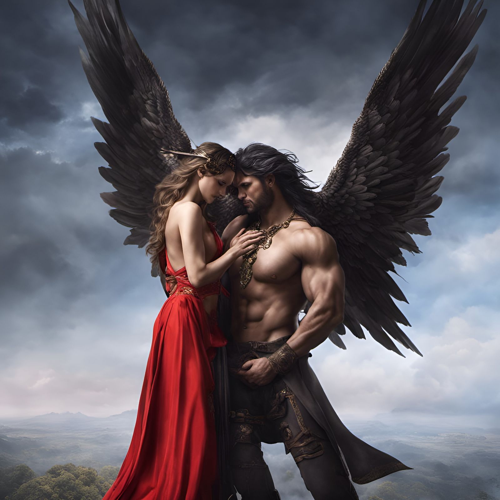 Fallen Angel Embracing Woman: Dramatic Digital Painting