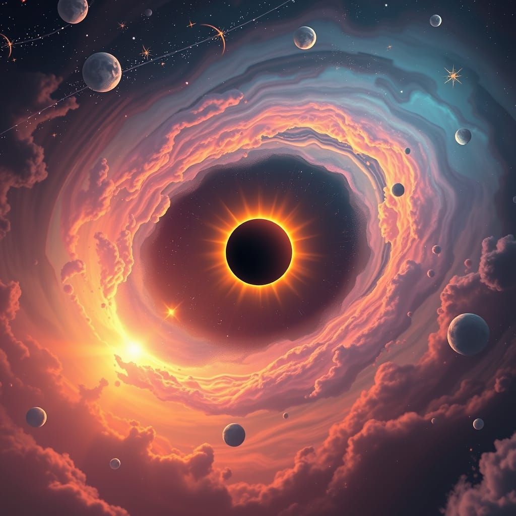 Majestic Cosmic Dance with Solar Eclipse in Dreamy Pastel Hu...