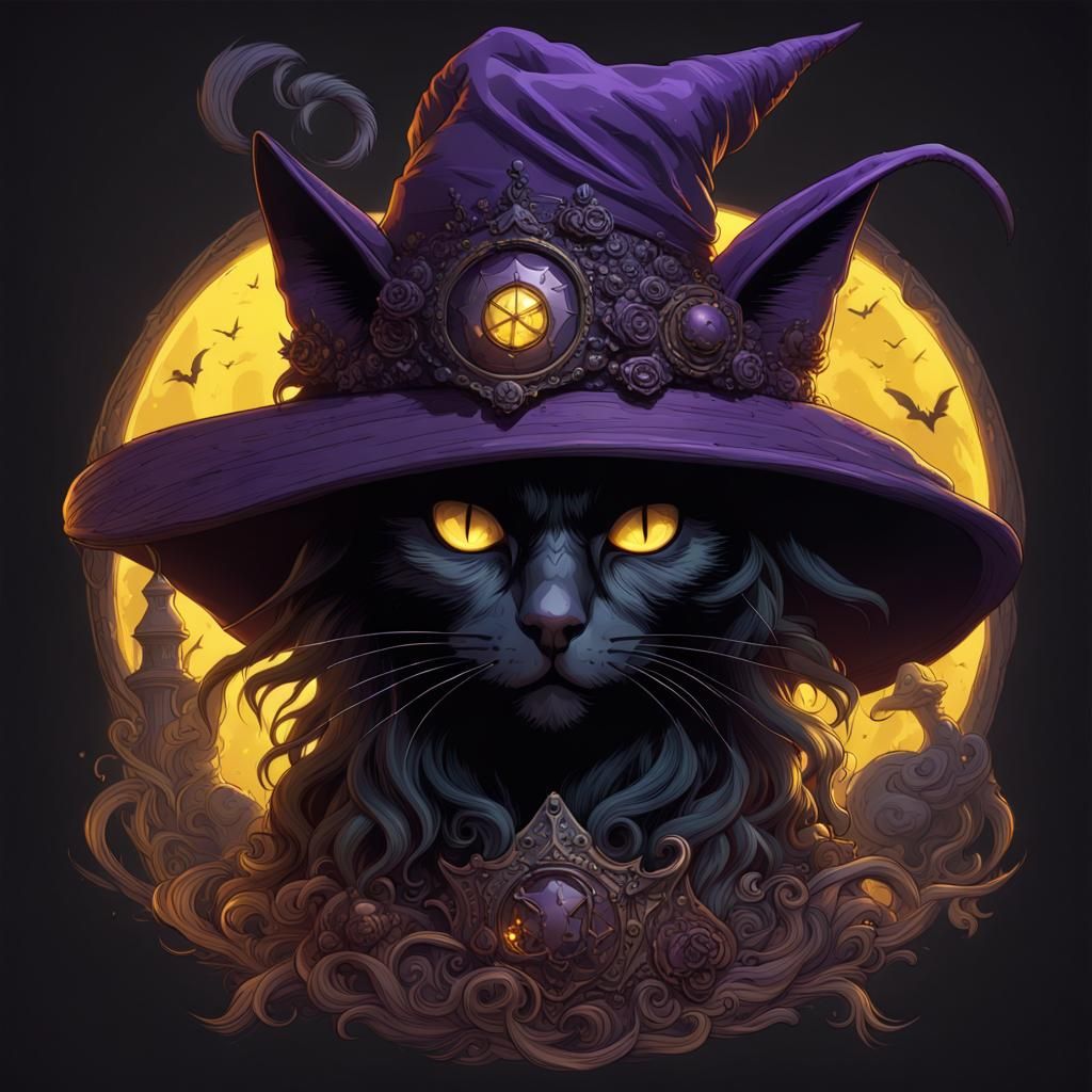 Witch Skull, Moon, and Black Cat in Dark Fantasy Style