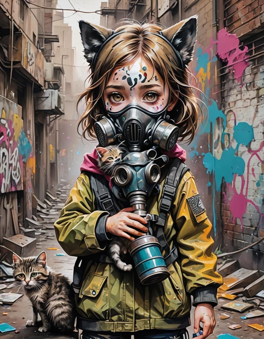 Post-Apocalyptic Girl with Cat in Graffiti Style
