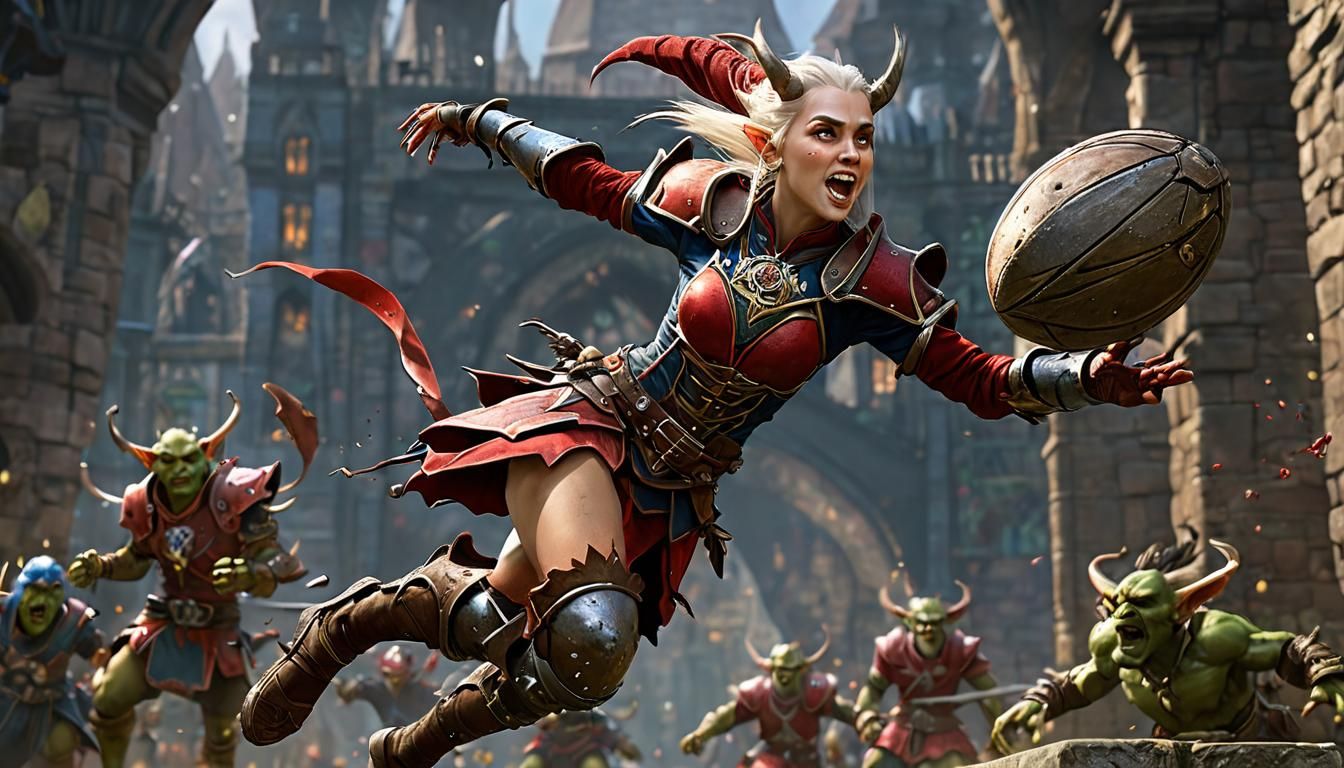 Elven Wardancer's Blood Bowl Leap, Dark Fantasy Art