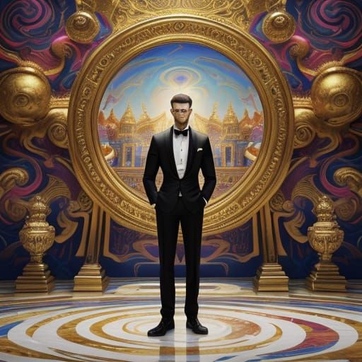 Surreal Temple Portrait in Vibrant Triadic Colors