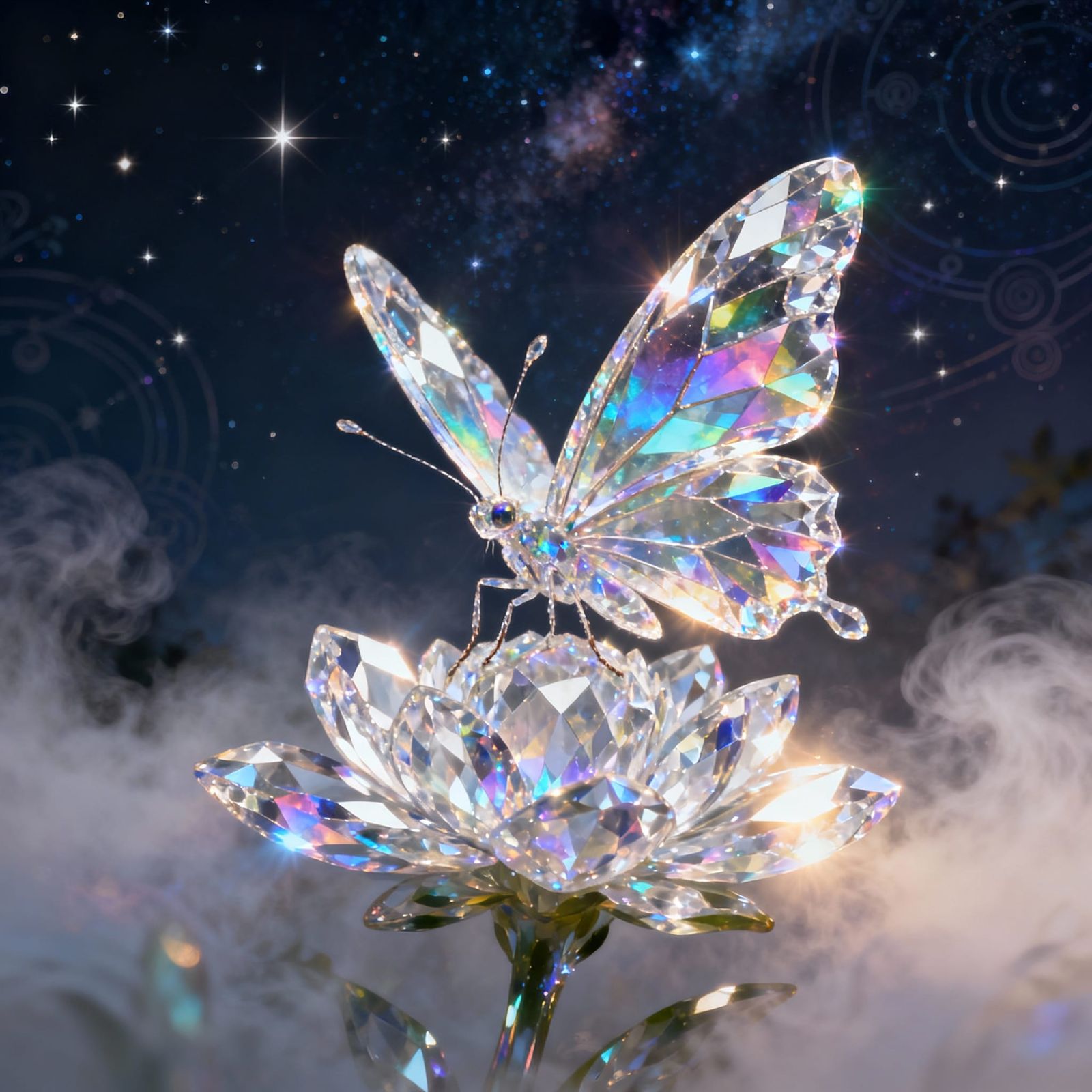 Luminous Crystal Butterfly in Ethereal Mist