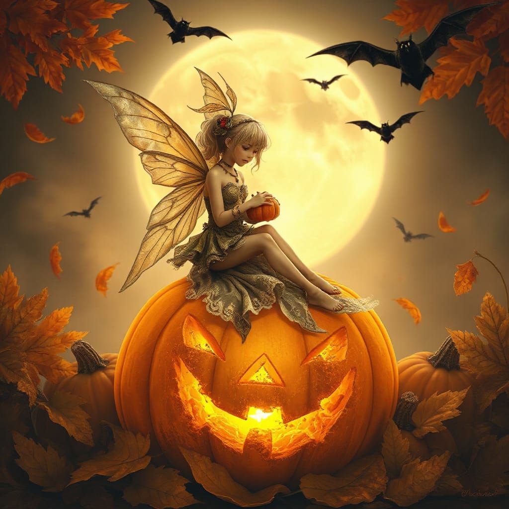 Ethereal Fairy on Glowing Pumpkin in Autumn