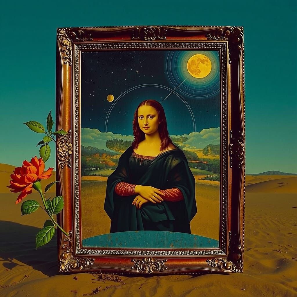 Surrealistic Mona Lisa with Teal Hair and Yellow Flower