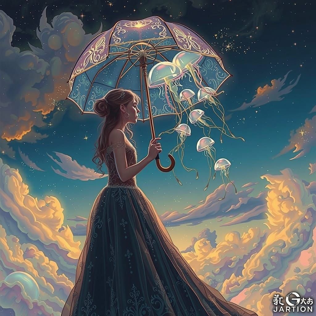 Impressionist Dream Girl Under Enchanted Starry Skies