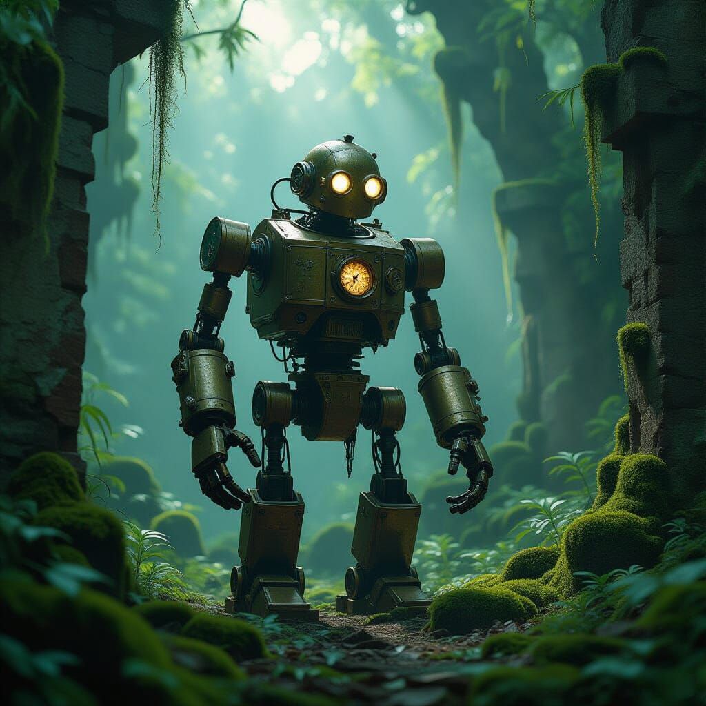 Ancient Brass Automaton in Sunlit Forest Clearing