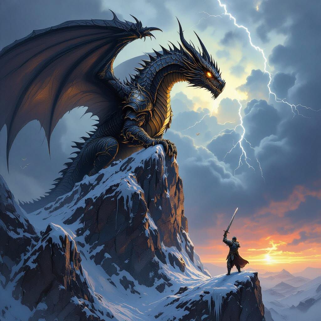 Obsidian Dragon on Ice Cliff, Hyperrealistic Style