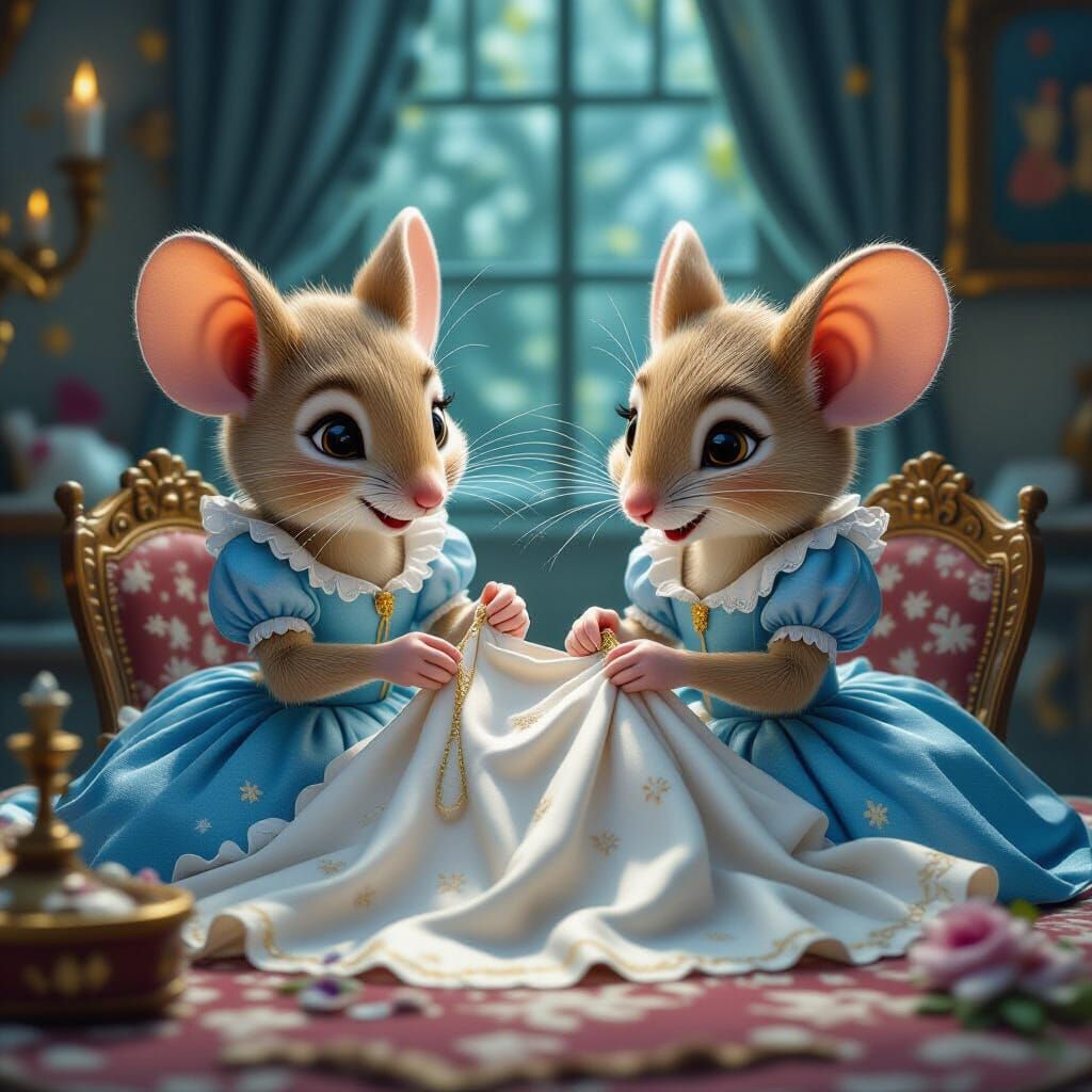 Cinderella Mice Sewing a Dress: Detailed Matte Painting
