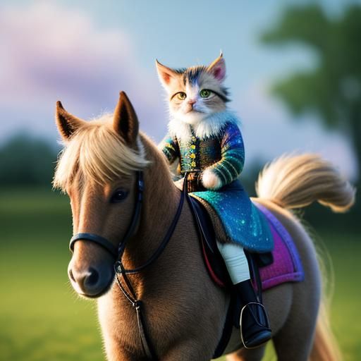Kitten Rides Pony: Holographic Cosmic Illustration