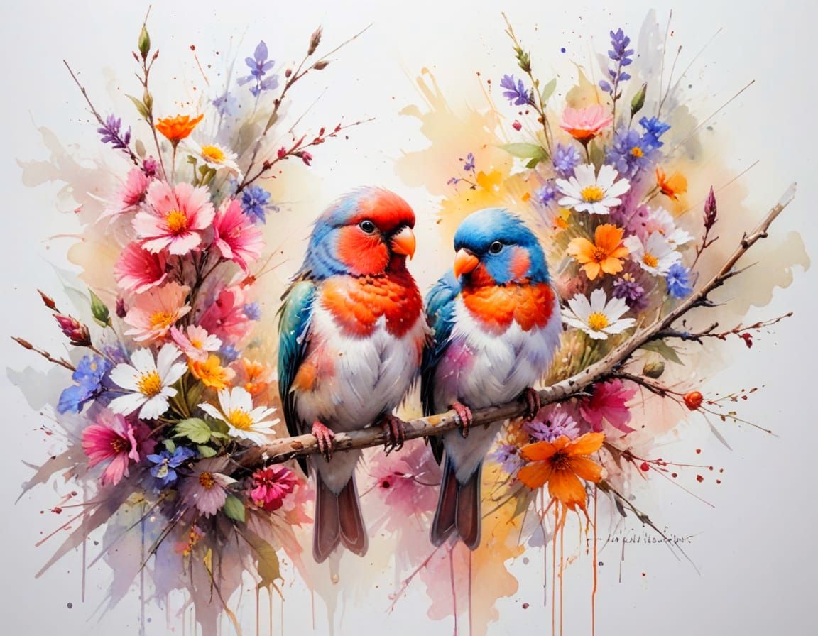 Playful Lovebirds in a Vibrant Garden