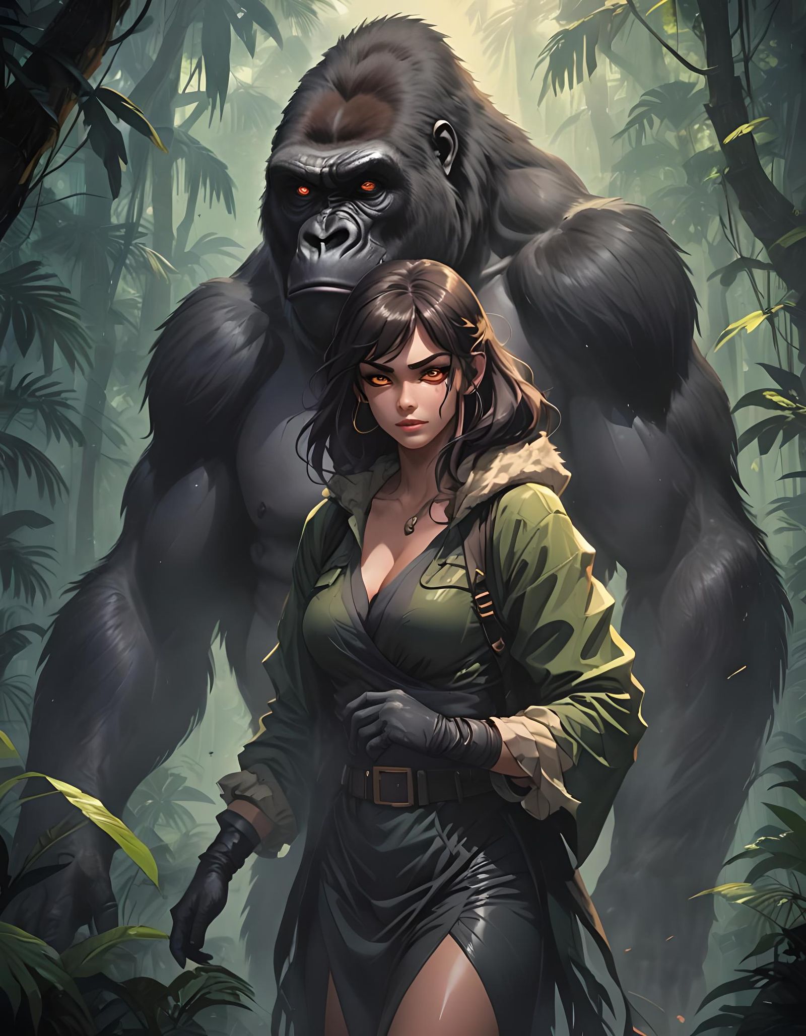 Savage lady hugging a gorilla