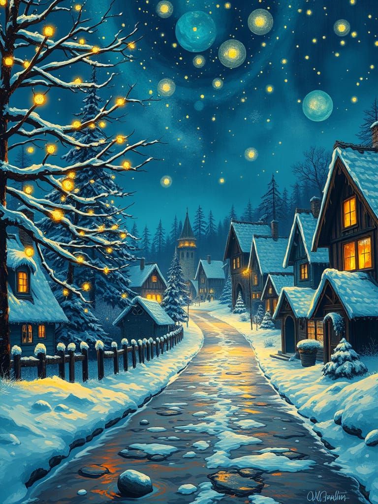 Whimsical Snowy Village in Enchanted Forest, Anime Style