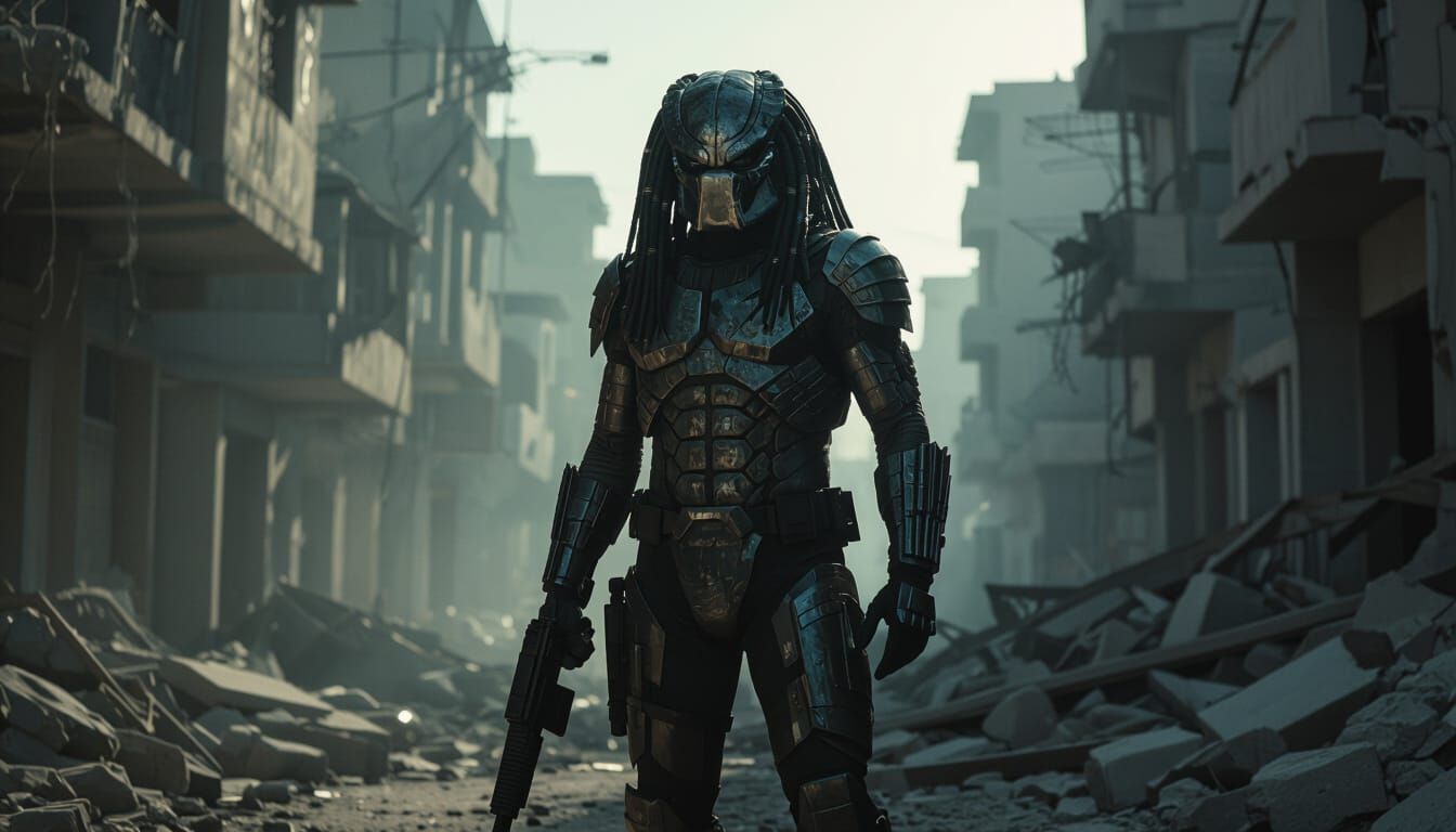 Predator in War-Torn City with Cinematic Lighting
