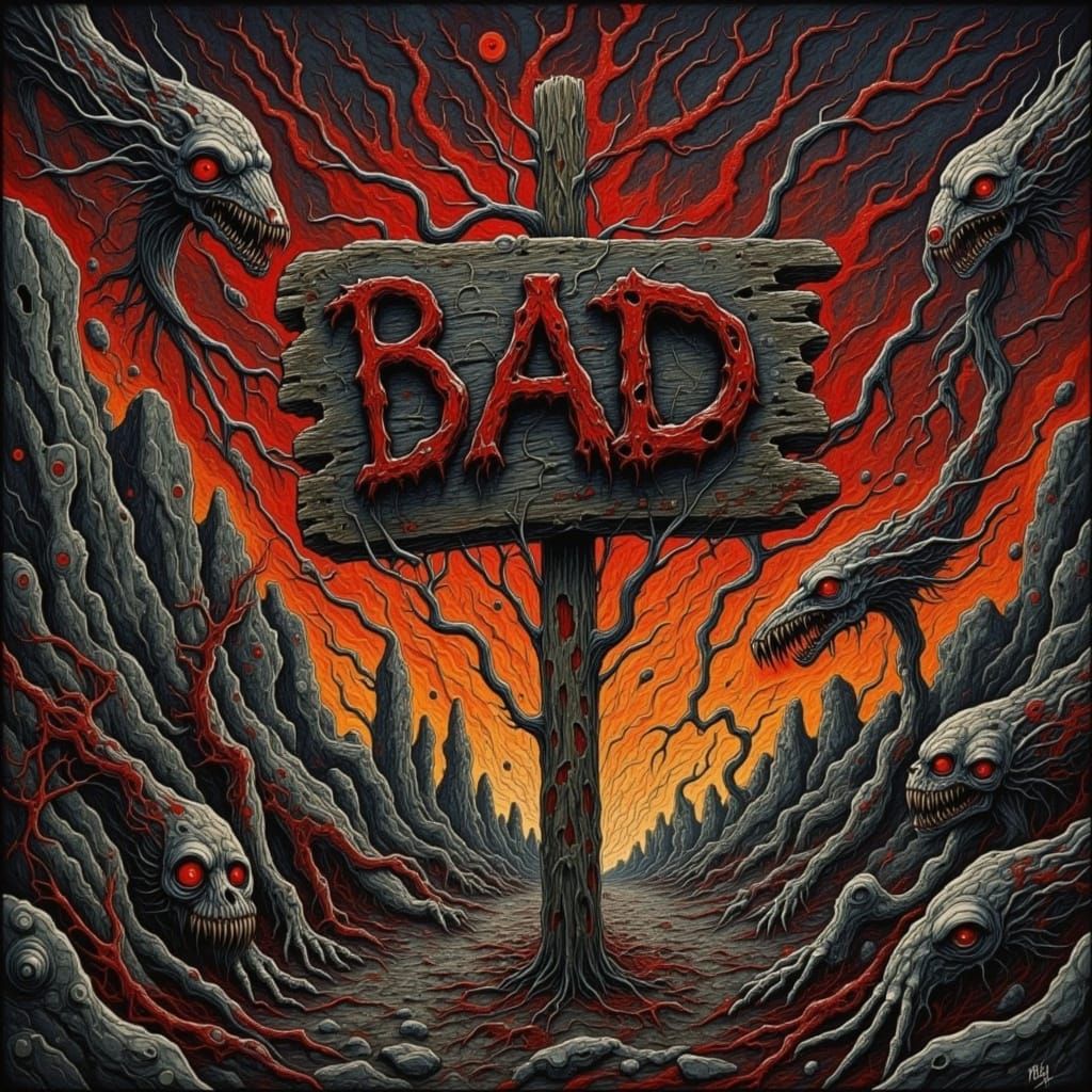 Hellscape Signpost Reads BAD in Dark Fantasy Style
