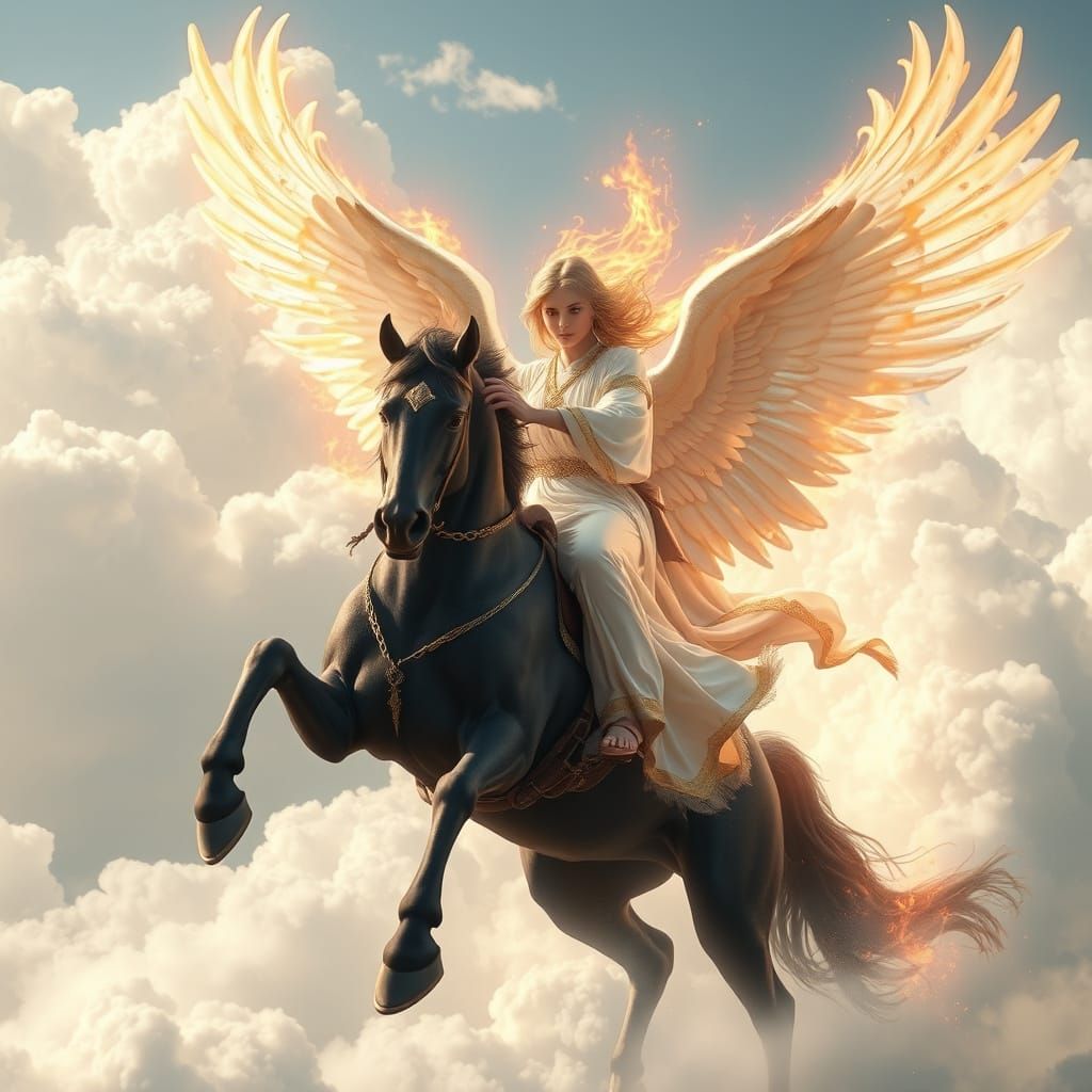 Ethereal Angel Rides Pegasus Through Clouds