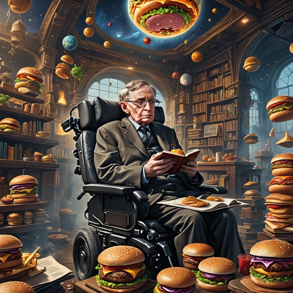 Stephen Hawking Eats Burger: Detailed Matte Painting