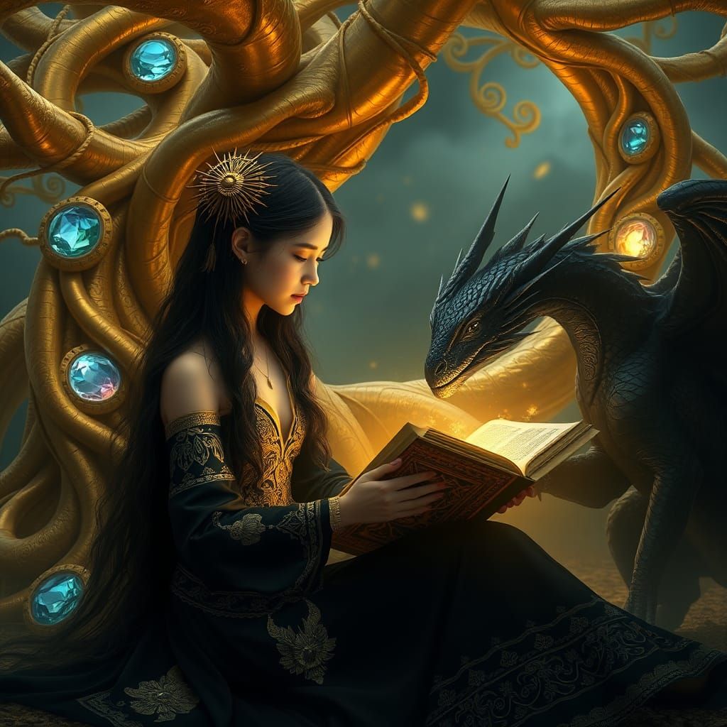 Mystical Woman Reading Under Golden Tree