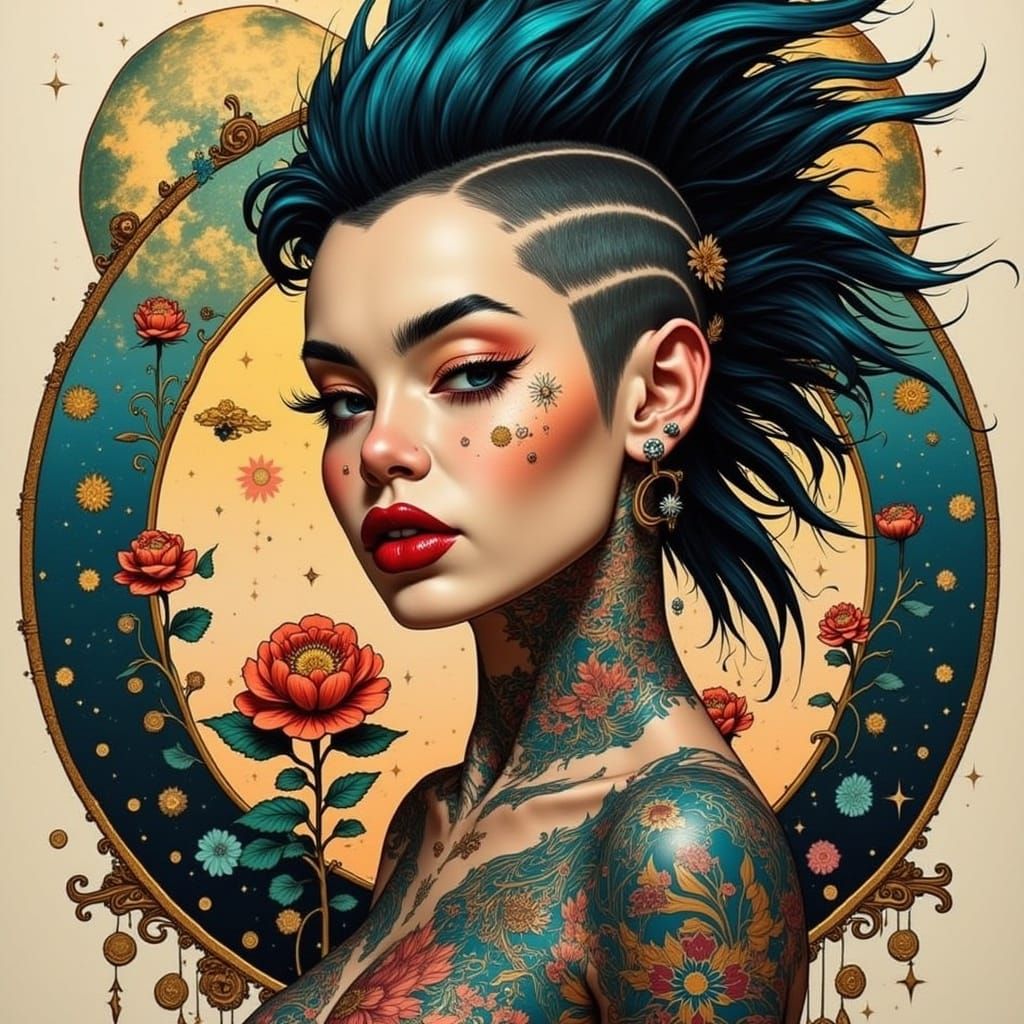 Surreal Portrait of Tattooed Woman with Mohawk in Vibrant Co...
