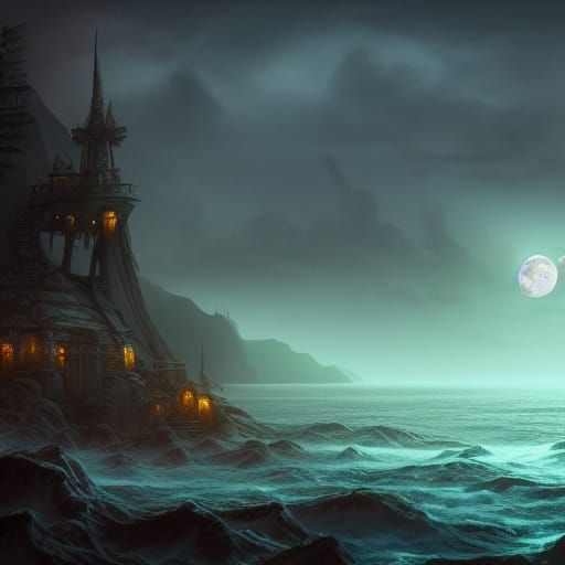 Wolf Howling at Moonlit Sea: Fantasy Concept Art