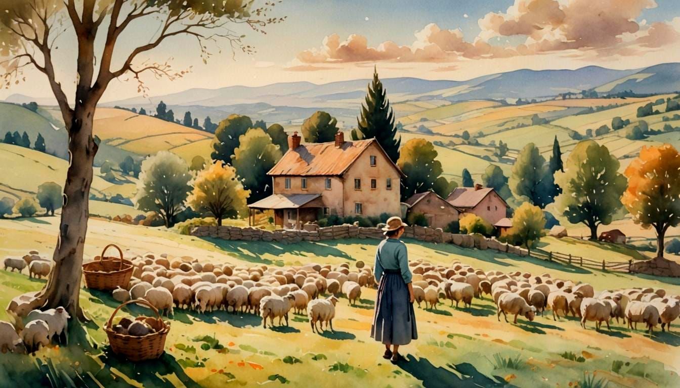 Pastoral Scene: Woman, Wool, and Grazing Sheep