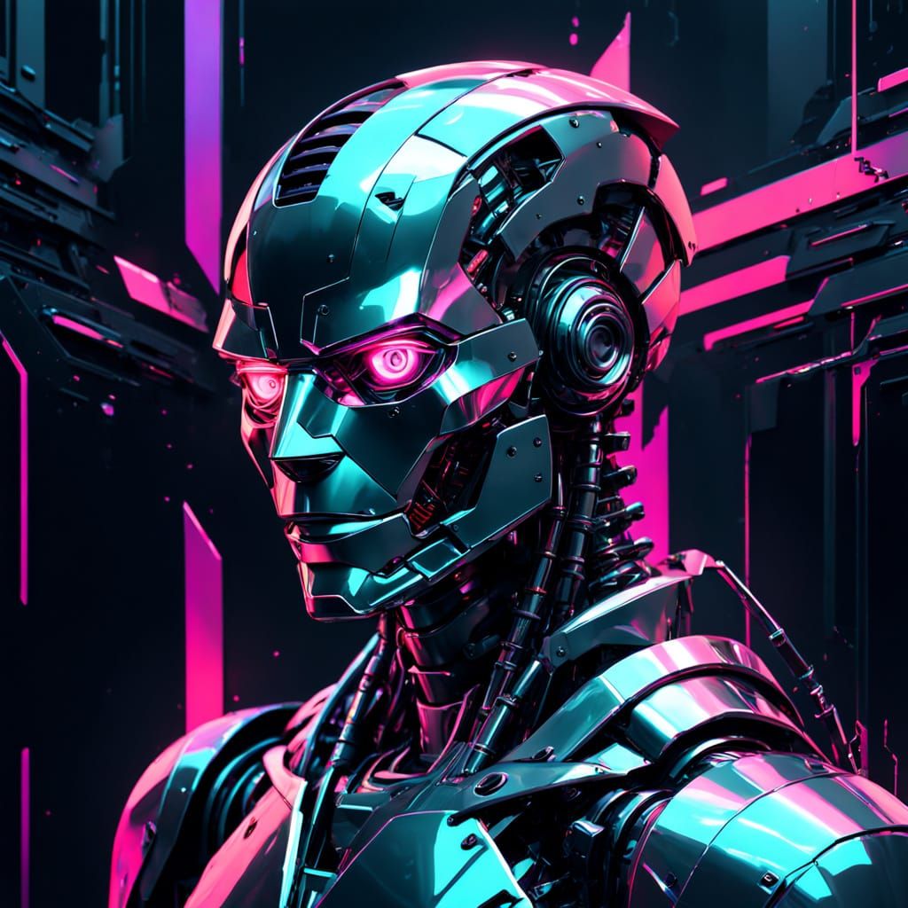 Futuristic Glitch Art Robot Portrait in Neon Colors