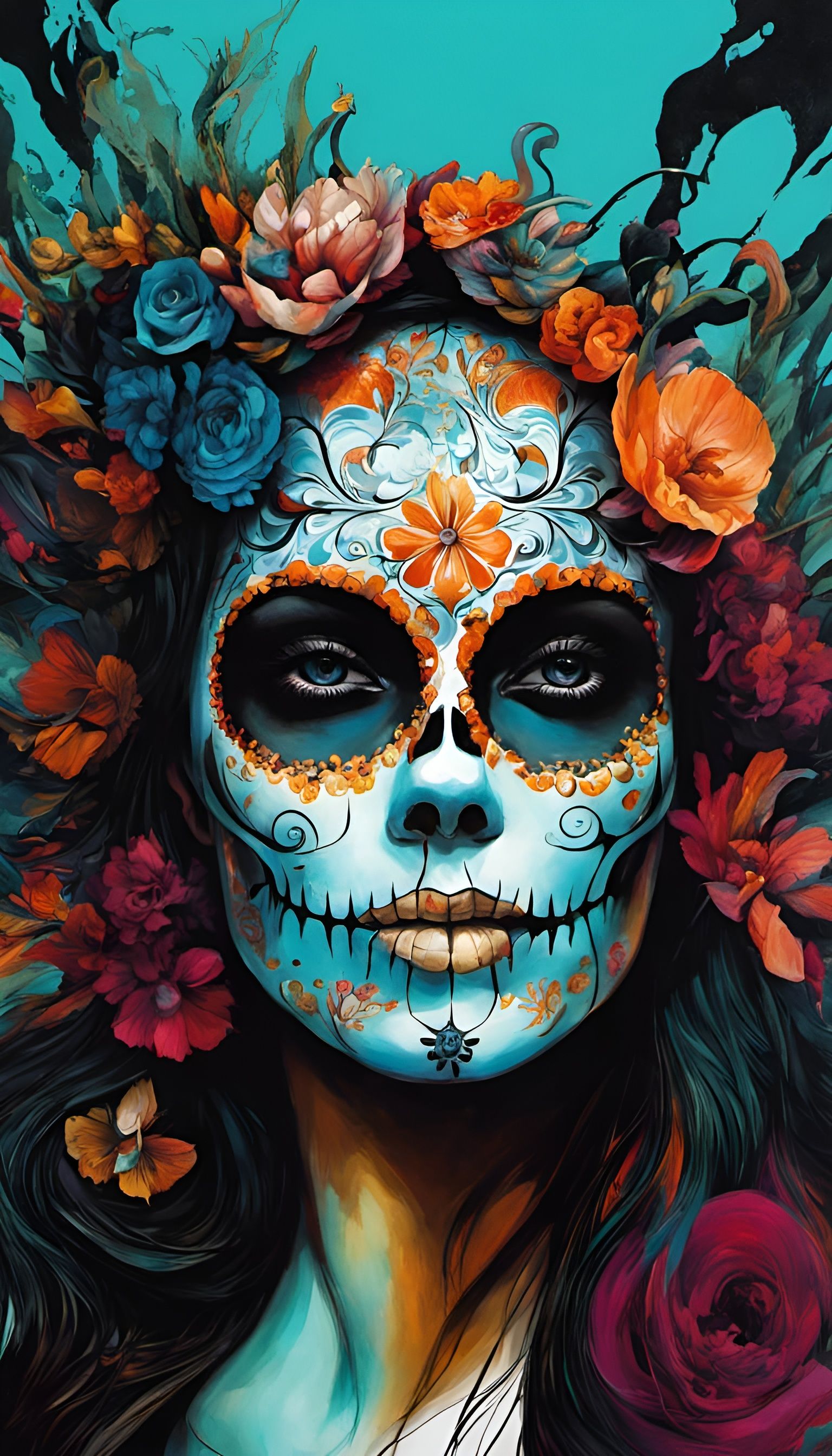 Vibrant Sugar Skull Portrait in Surrealist Style