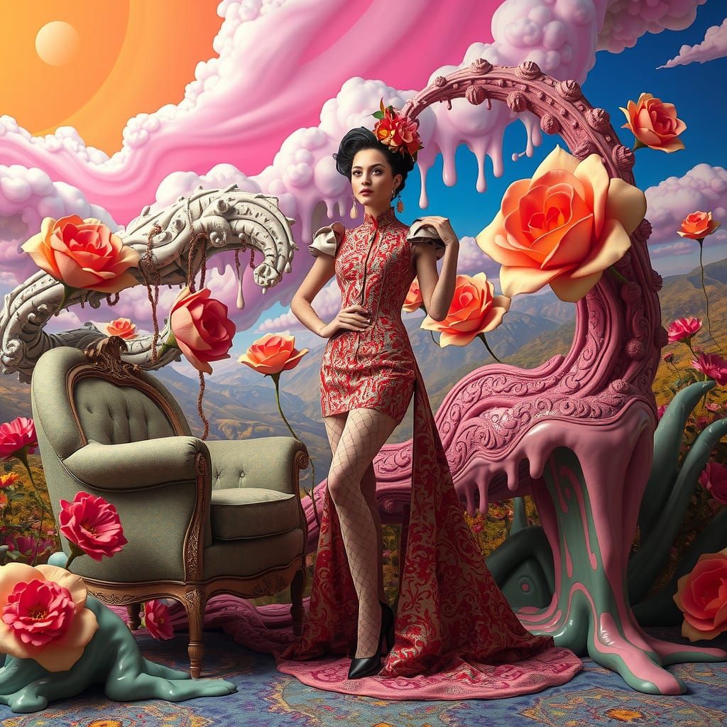Surreal Psychedelic Woman in Dreamlike Landscape
