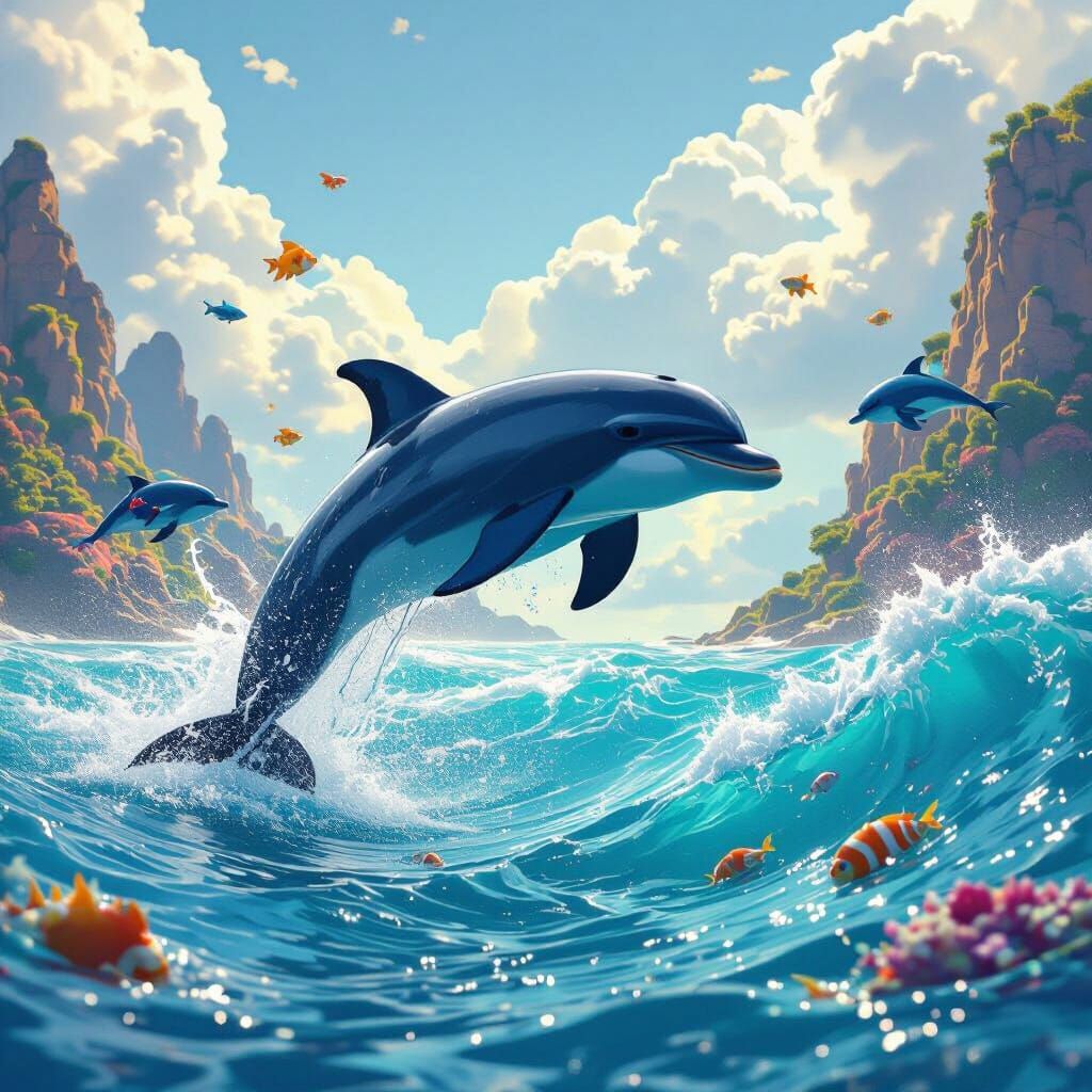 Dolphin Leaping from Turquoise Waves: Fantasy Concept Art