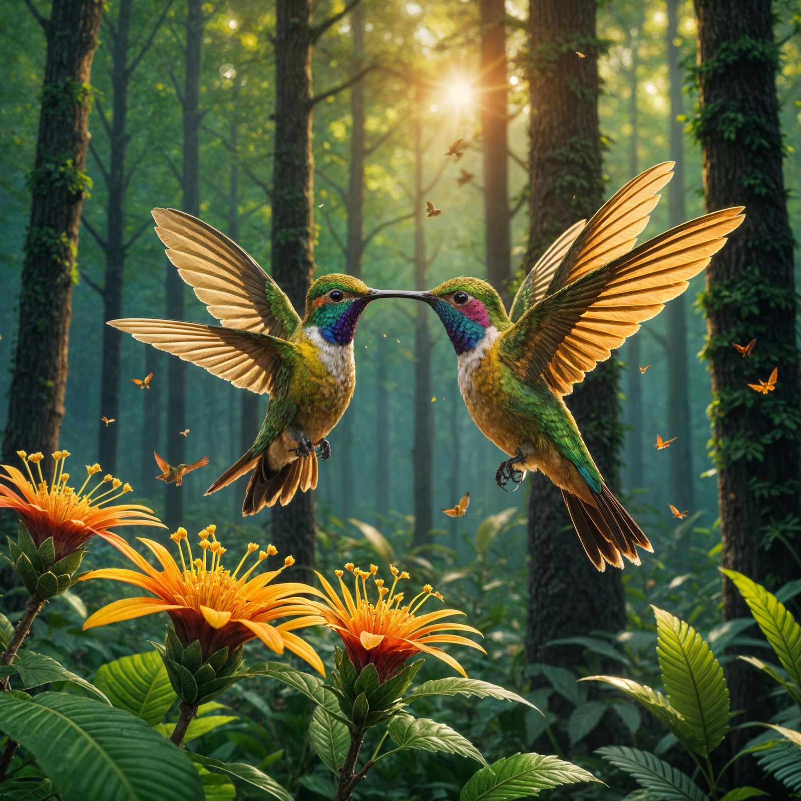 Golden Hummingbird Pollinating at Sunrise, Detailed Matte Pa...