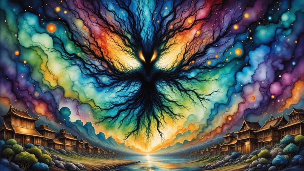 Giant Apparition Over Wuxia Village in Dark Fantasy Style