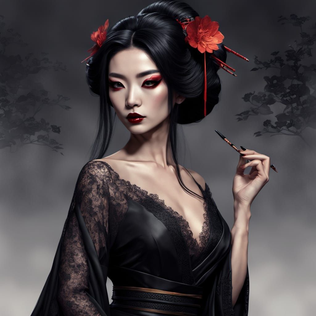 Dark Fantasy Geisha Portrait in Lace Gown
