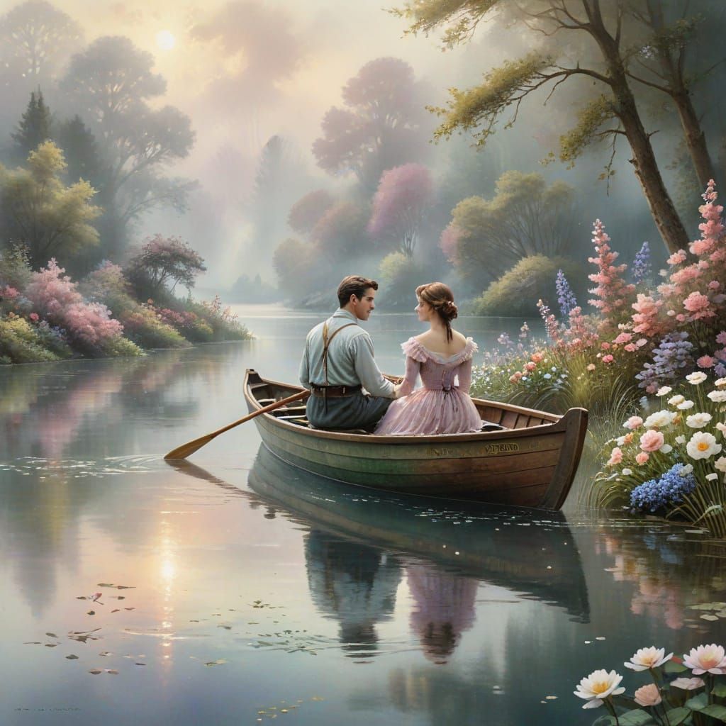 Victorian Couple in Rowboat, Watercolour & Ink