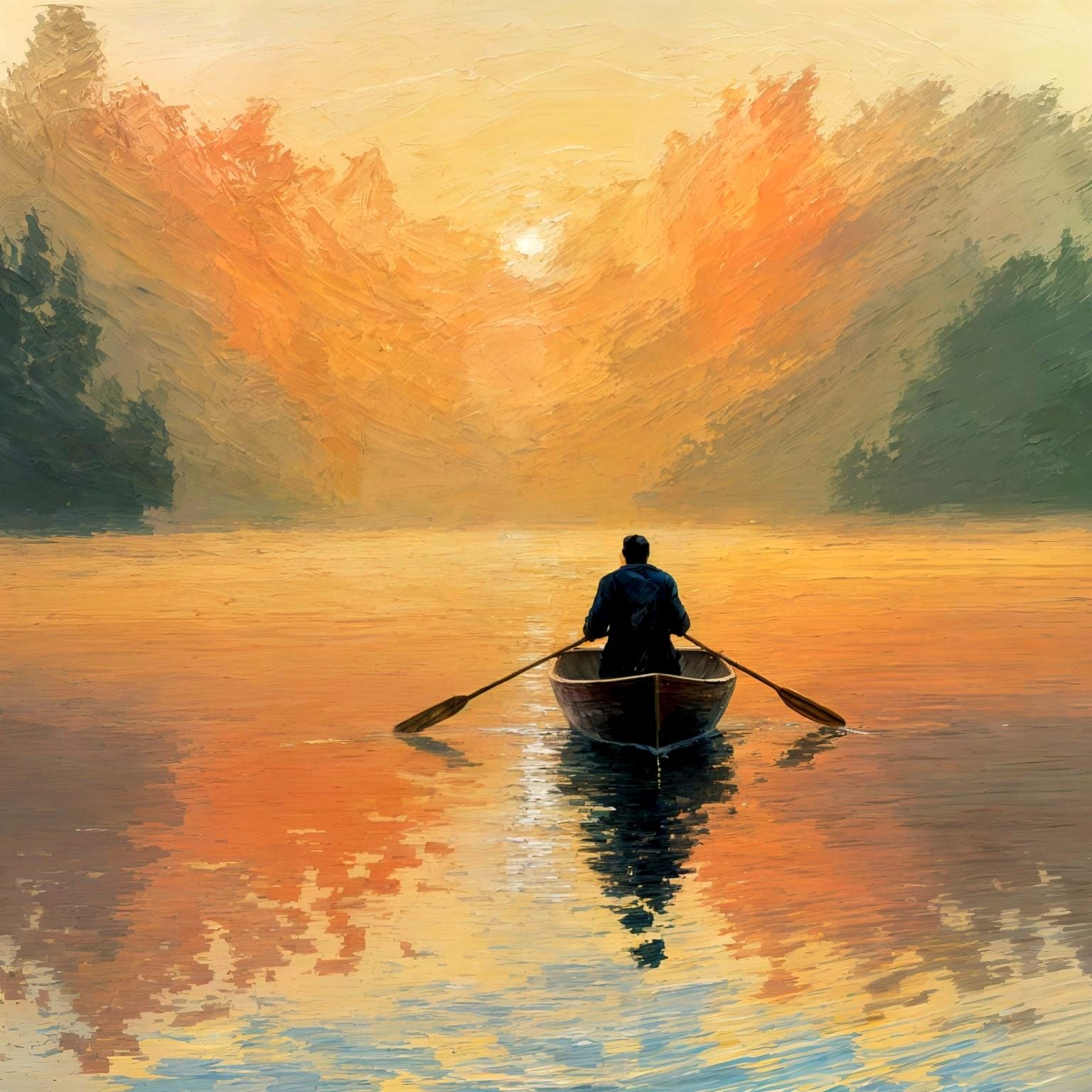 Foggy Lake Dawn: A Solitary Journey as Impasto Painting