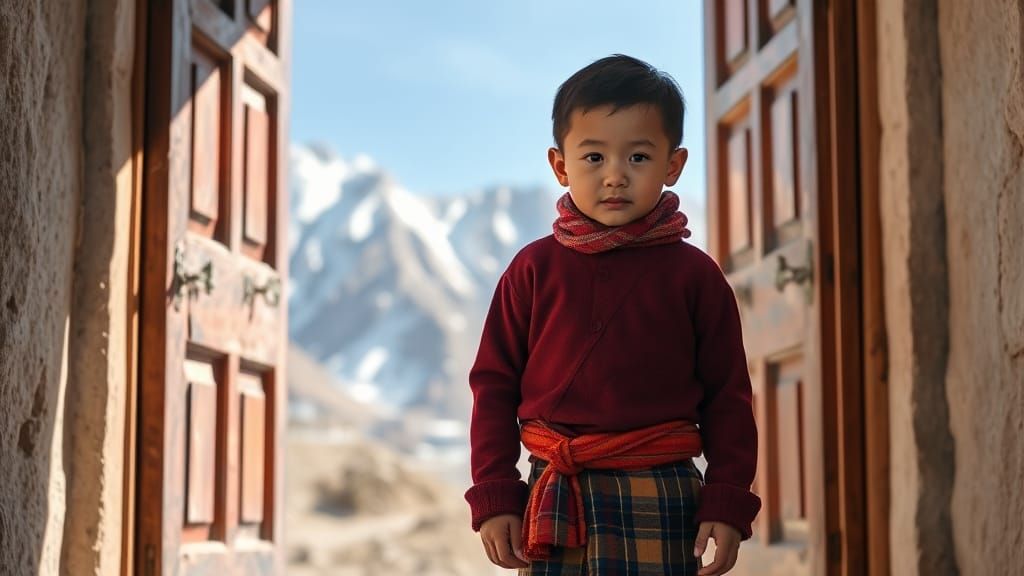 Tibetan Boy in Snowy Mountain Landscape