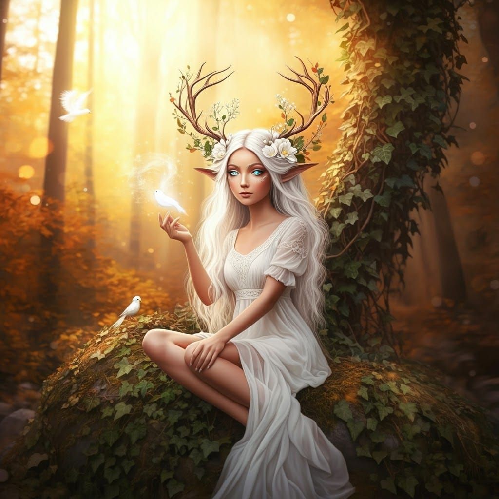 Woodland Nymph Conjuring Bird in Autumn Sunlight