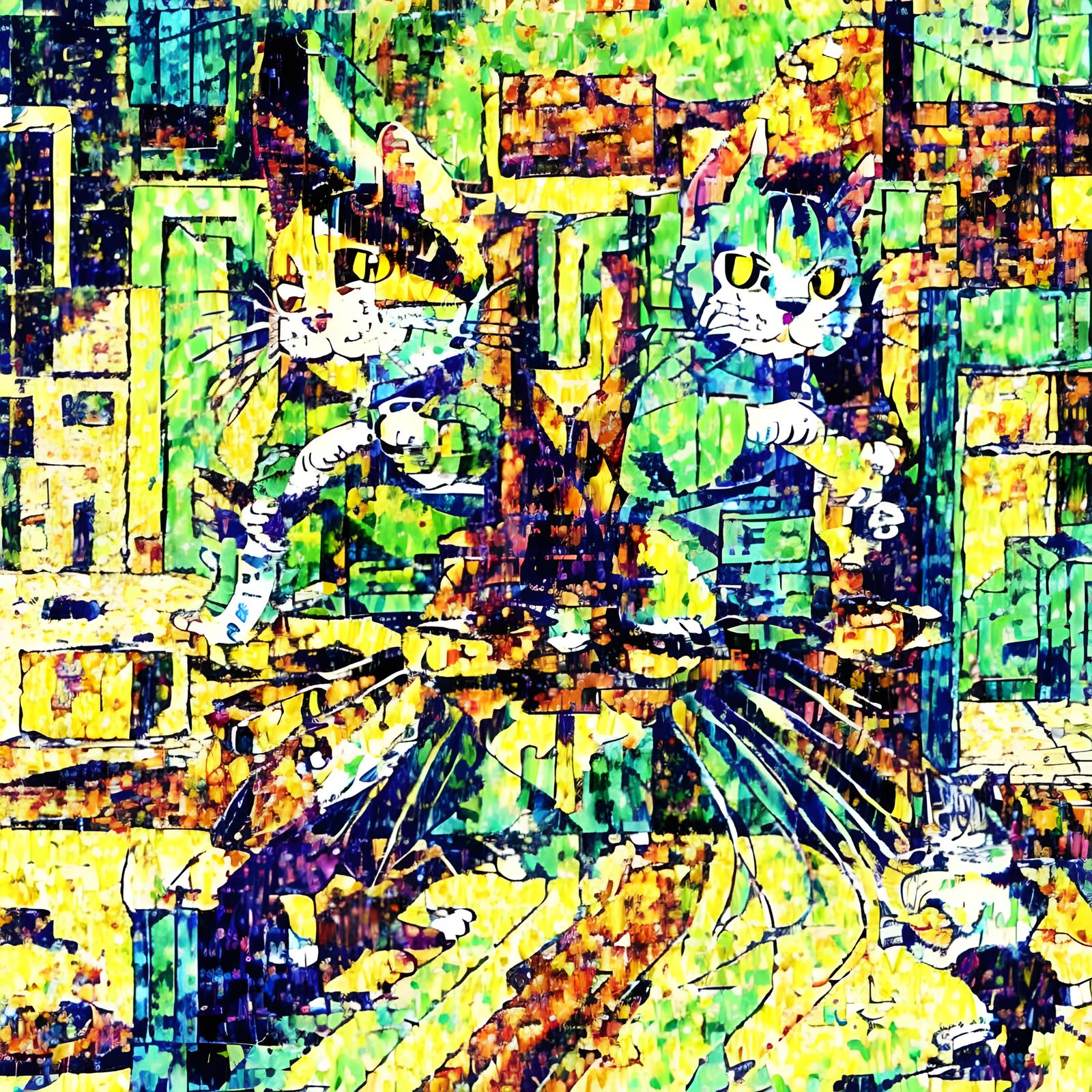 Psychedelic Anime Cat Eats Burger